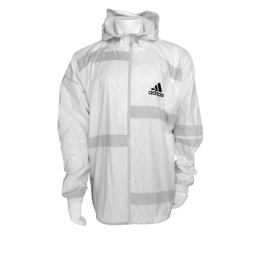 Adidas Mens White Grey Striped Full Zip Hooded Windbreaker Mesh Lined Jacket L